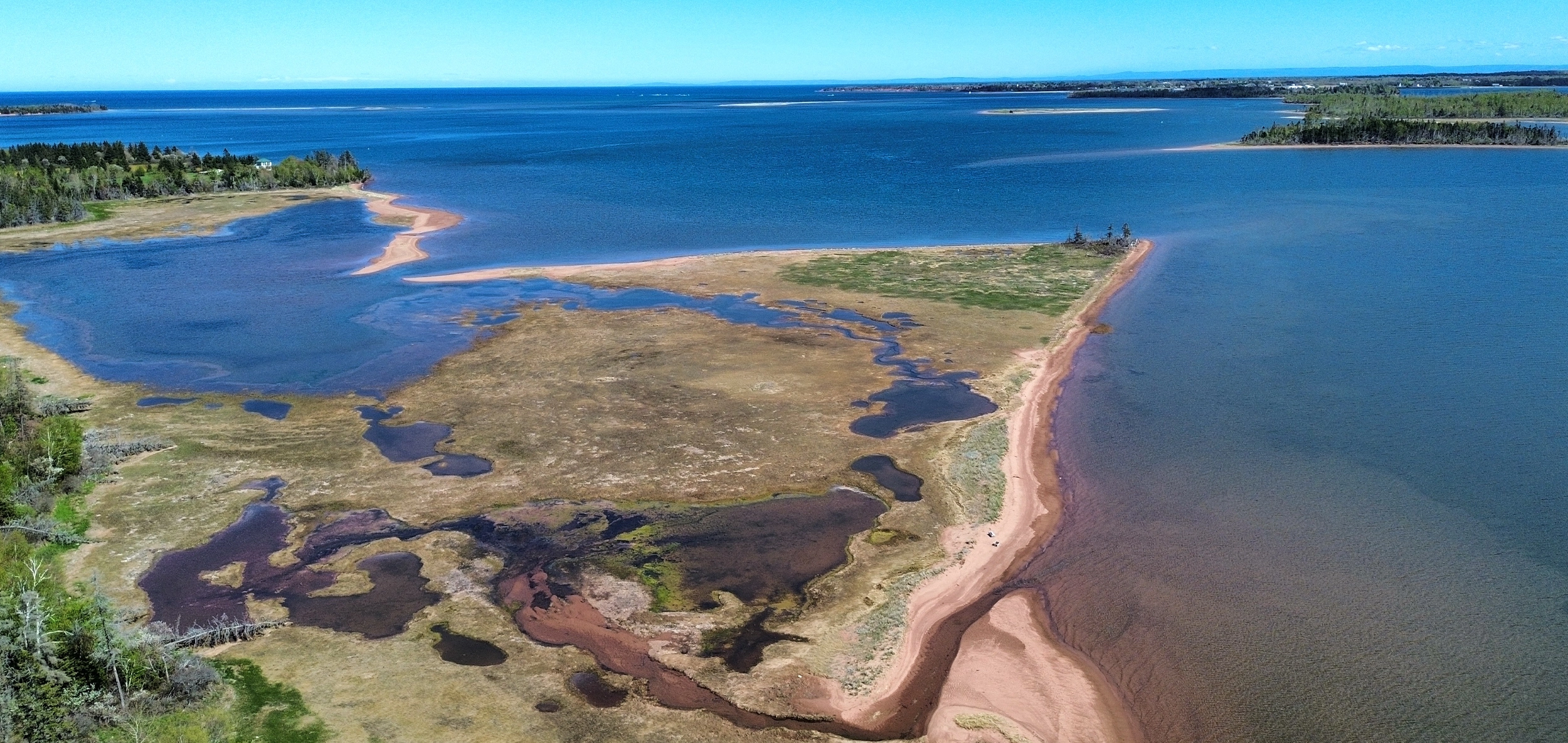 Aerial view of Murray Bay's red-sand shoreline near Seal Cove