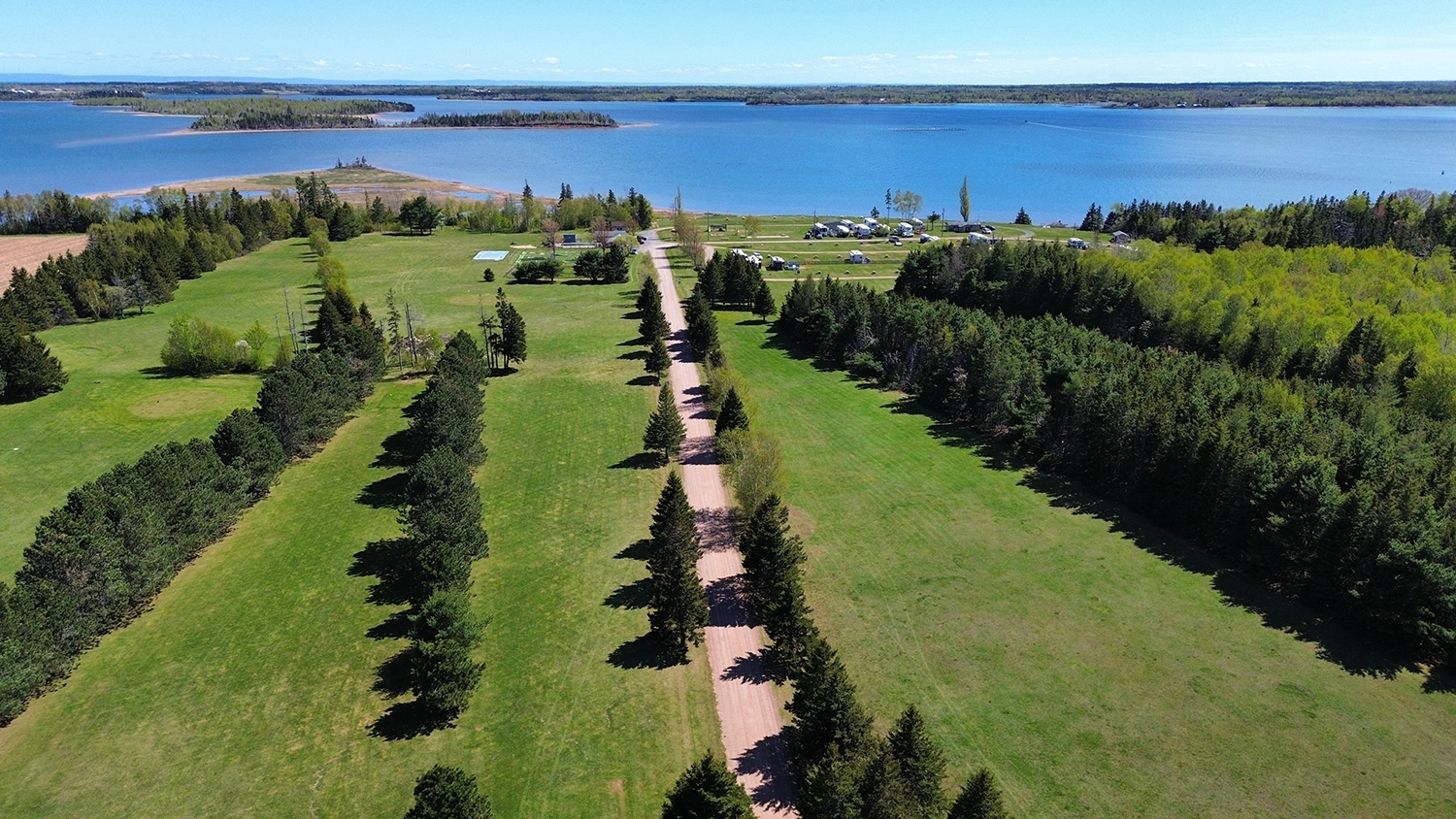 Tree-lined entry road leading to the campground and bay