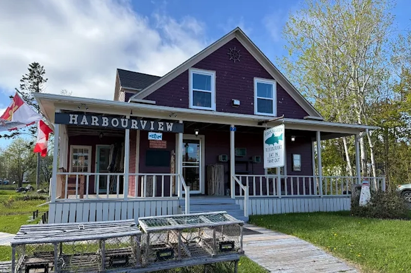 The Harbourview seafood restaurant with lobster traps out front