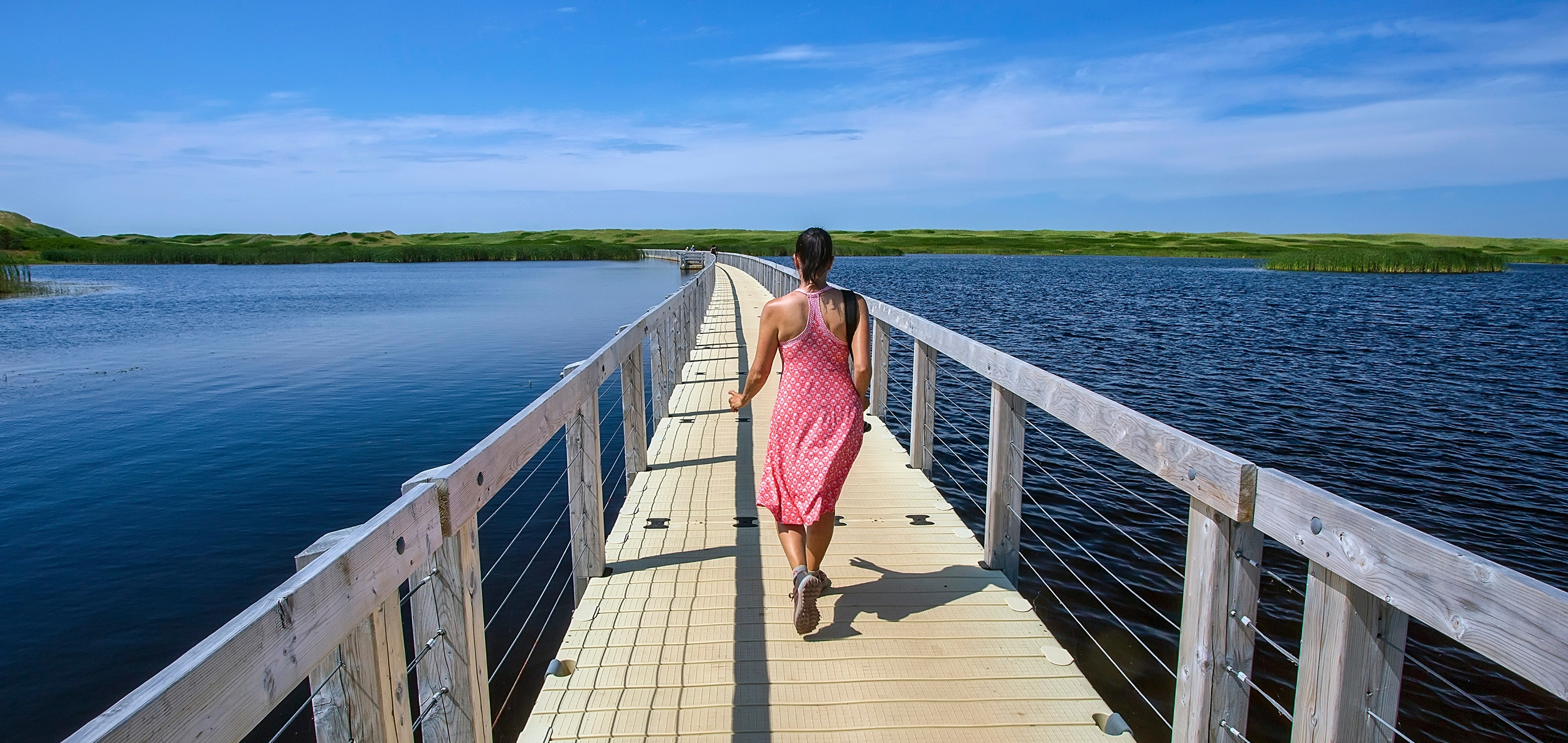 A visitor walking the floating boardwalk trail across a PEI lake