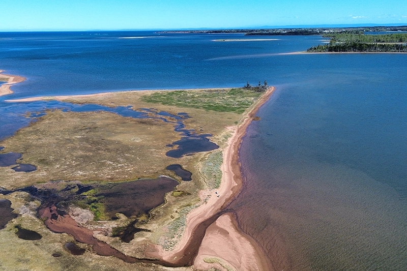 Aerial view of the red-sand beach and shoreline at Murray Bay